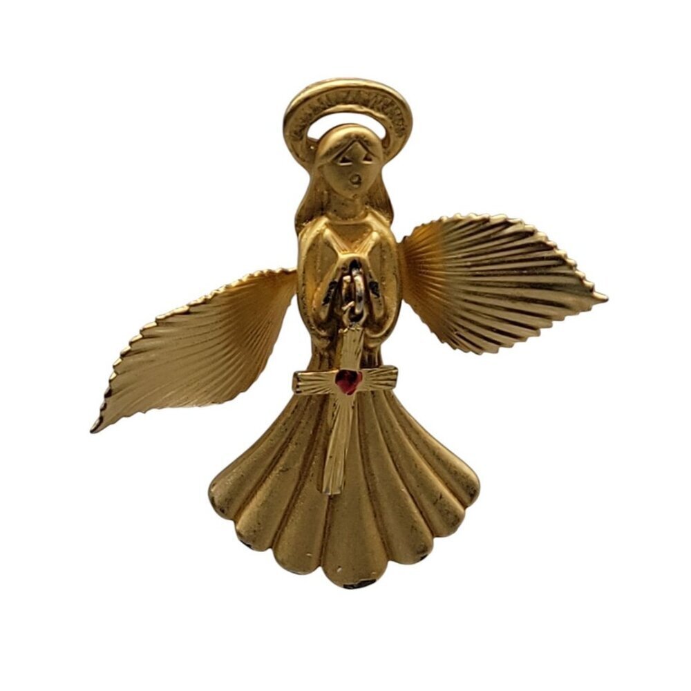 GCI Brooch Gold Plated Angel Dangling Heart on Cross Pin Vintage Christmas